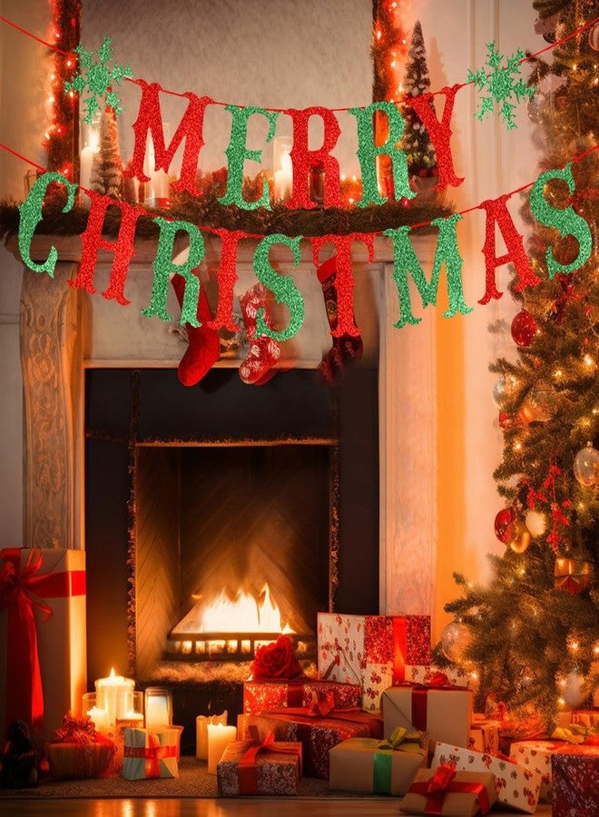 Yahpetes Merry Christmas Banner Glitter Red and Green Xmas Sign with Snowflake Decorations Bunting Garland Snowflake Party Supplies Set for for Home Fireplace Decor - Image 4